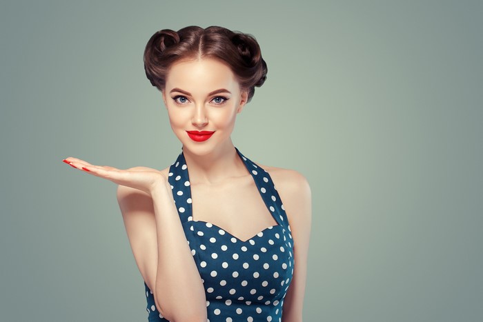 Woman with retro hairstyle and polka dot dress