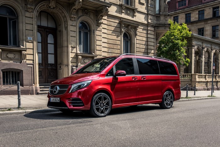 Red Mercedes-Benz V 300 d 4MATIC AMG Line Minivan