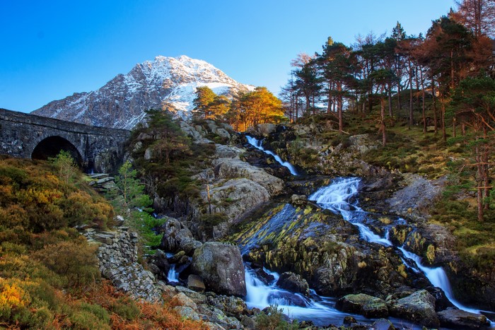 Tryfan Mountain and Ogwen Valley Waterfall Bridge in Wales