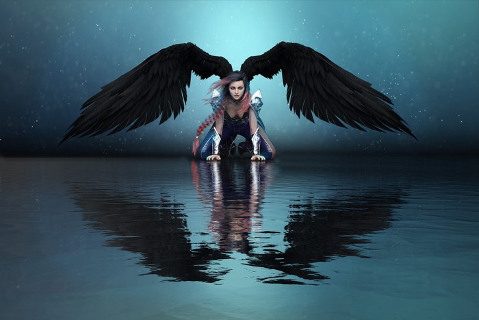 Angel with black wings kneeling on water