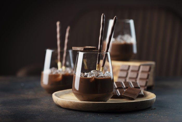 Chocolate drinks with chocolate sticks and ice