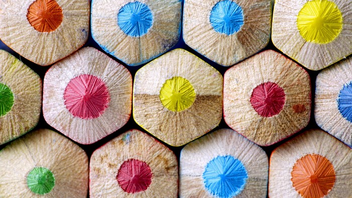 Close-up of colored pencil tips