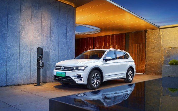 White Volkswagen Tiguan L PHEV at charging station