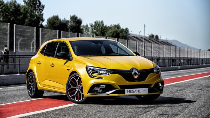 Yellow Renault Megane RS Trophy 2018 on a Racetrack