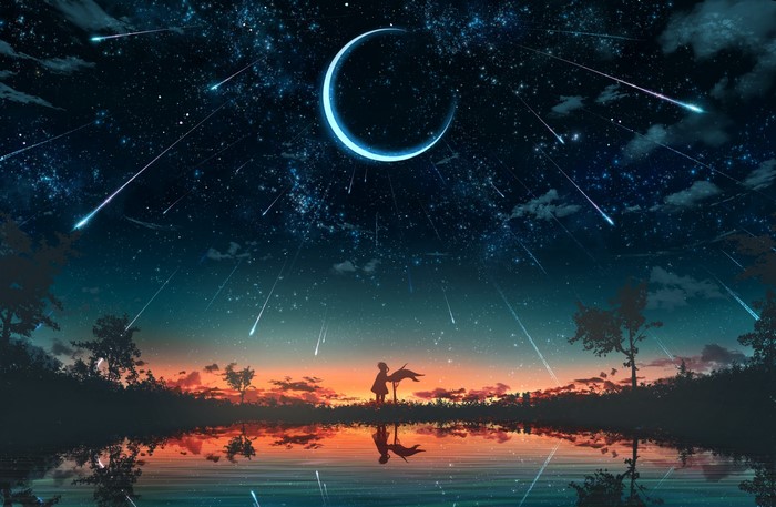 Silhouette of a girl under a crescent moon and shooting stars