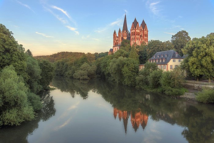 Limburg Cathedral reflected in a river in Germany