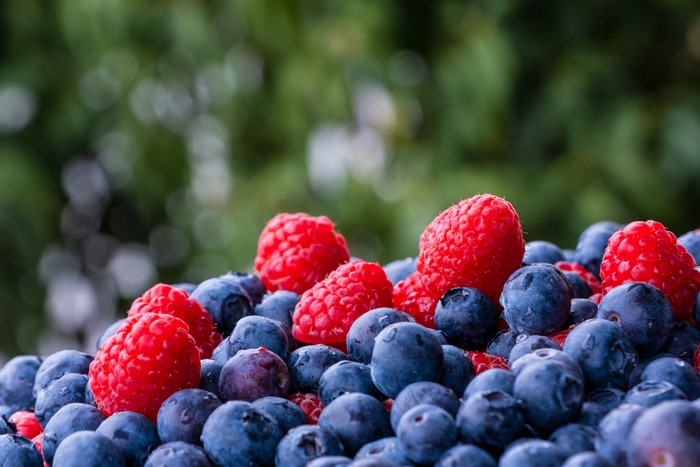 Close-up of Blueberries and Raspberries with Bokeh Background