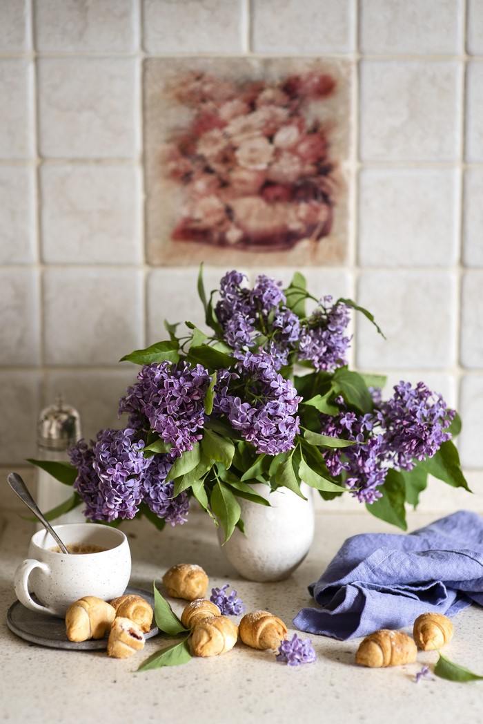 Still-life with Lilac, Croissants, and Coffee