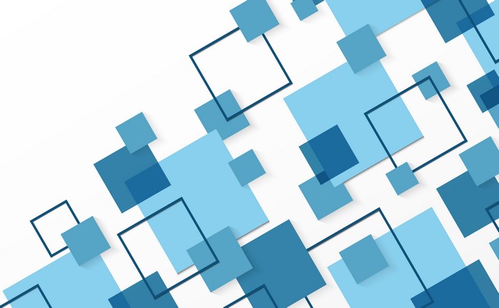 Geometric pattern of blue and light blue squares on a white background