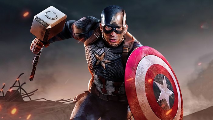 Captain America from Marvel holding Mjolnir and shield