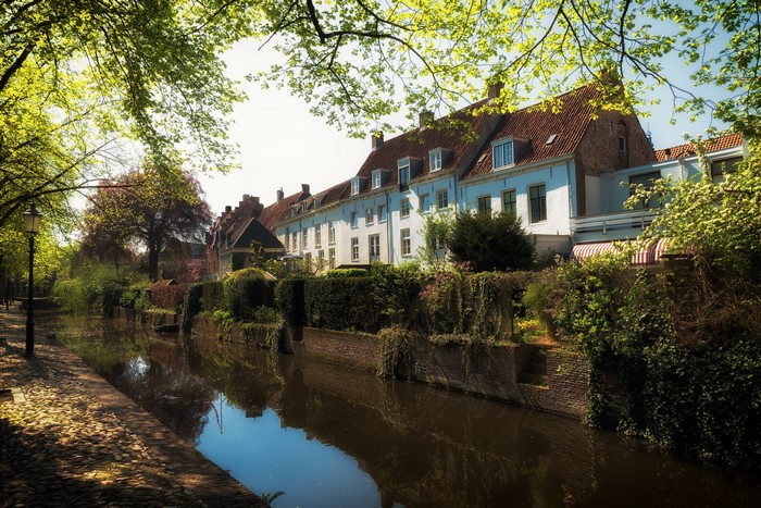 Canal in Amersfoort, Netherlands with Houses and Trees