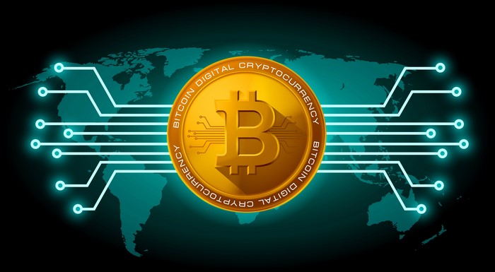 Bitcoin Digital Cryptocurrency Coin on World Map