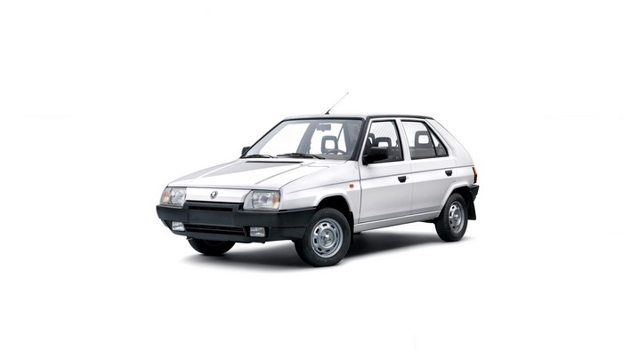 White Skoda Favorit on a white background