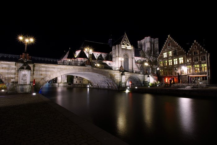 St Michael's Bridge at night in Ghent, Belgium