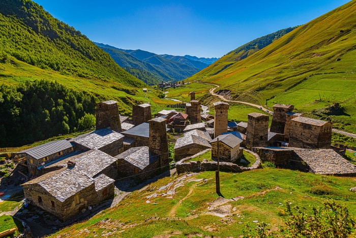 Ushguli village in Svaneti, Georgia, with mountains and valley