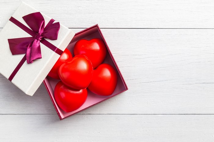 Gift box with red hearts and ribbon