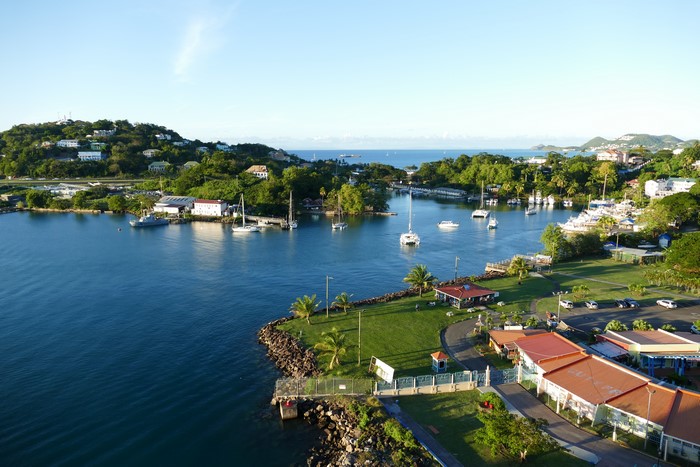 Caribbean Sea Bay with Boats and Islands