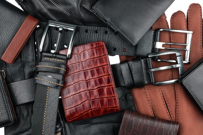 Leather belts, wallets, and gloves