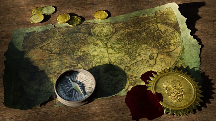 Old map with coins, compass, and skull seal