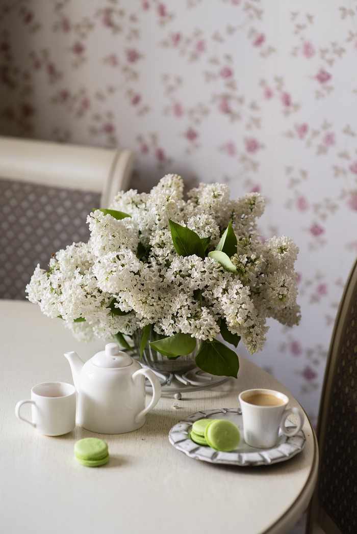 Still-life of white lilac, coffee, and macarons