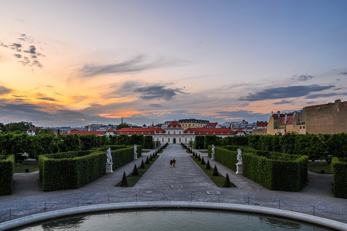 Belvedere Palace Garden in Vienna, Austria at Dusk