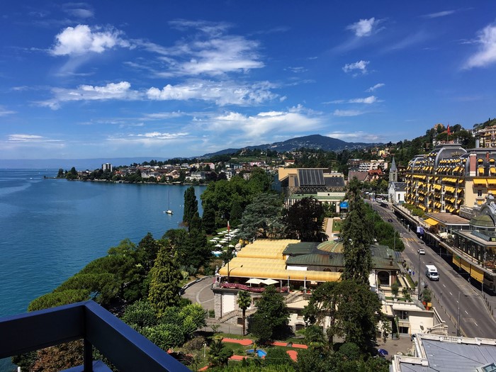 Montreux, Switzerland cityscape with lake and mountains
