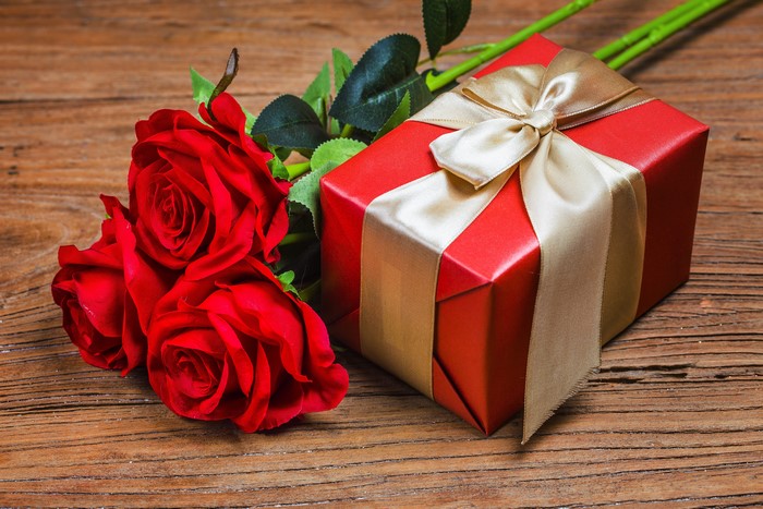 Red Roses and Gift Box with Bow