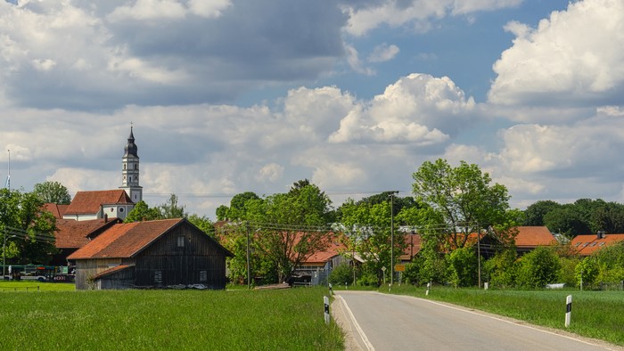 Village with church and houses in Bavaria, Germany