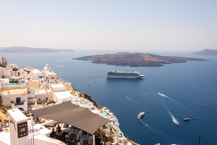 Santorini Greece Aegean Sea Cruise Liner From Above