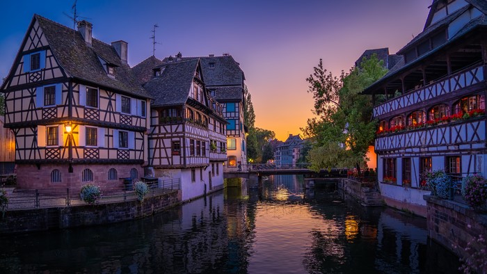 Strasbourg canal houses at dusk, France