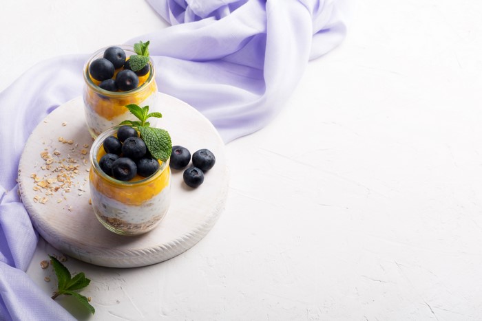 Yogurt parfaits with blueberries and mint