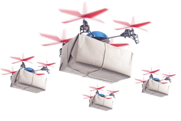 Multiple drones delivering packages on white background