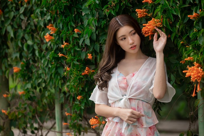 4K Asian Woman with Brown Hair and Dress