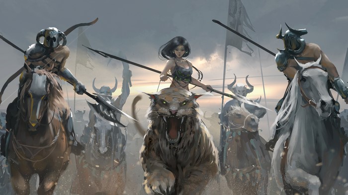 Warriors on horses and a tiger with a rider