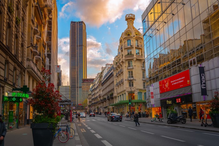 Paris street with Montparnasse Tower and FNAC store