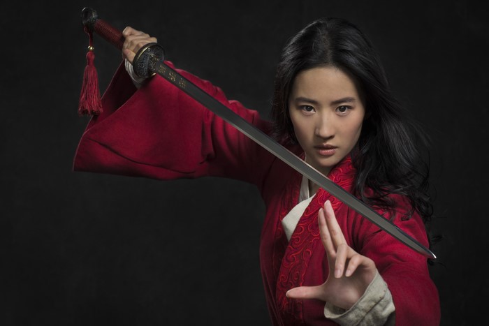 Liu Yifei in Red Warrior Pose with Sword 4K