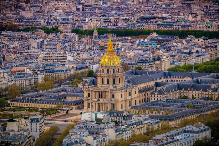 Paris cityscape with golden dome from above