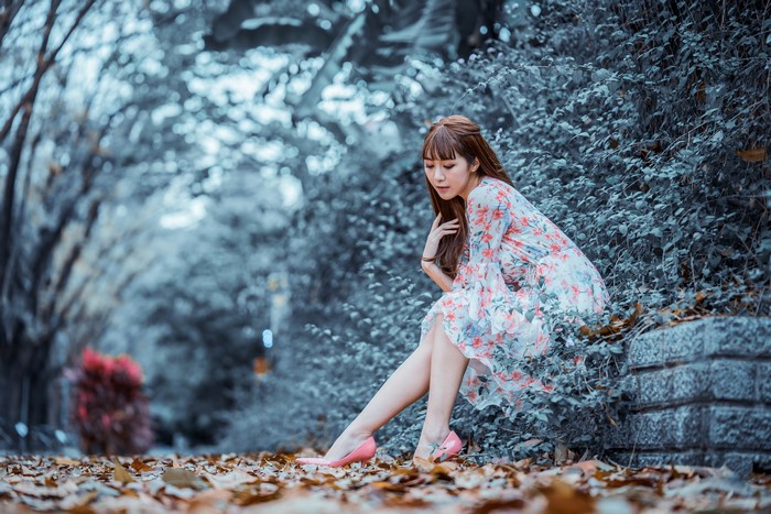 4K Autumn Scene with Asian Woman in Dress