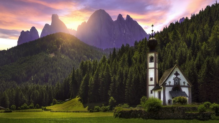 Santa Maddalena Church in Dolomites at Sunrise