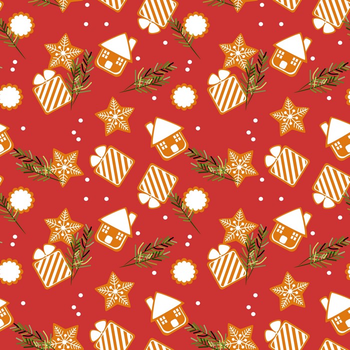 Christmas gingerbread pattern with houses, snowflakes, gifts, and pine branches