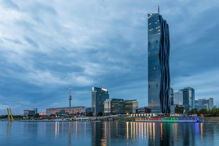 DC Towers and Danube River in Vienna, Austria at Dusk