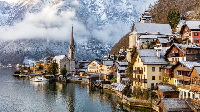 Hallstatt Austria Houses on Lake with Snowy Mountains