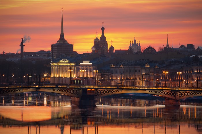 St. Petersburg skyline with Palace Bridge at sunset