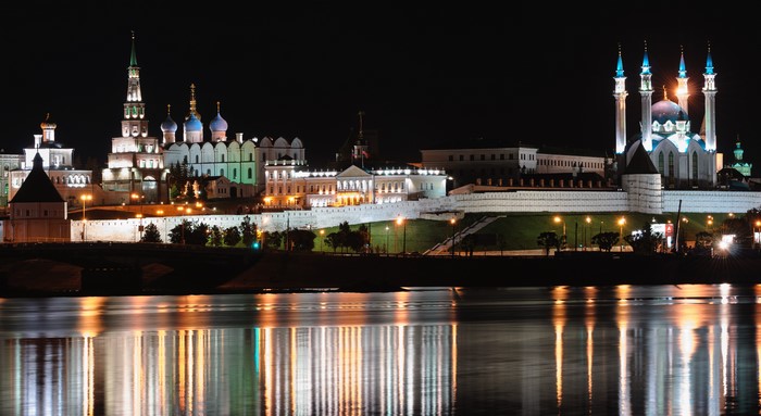 Kazan Kremlin at night with reflections on the Volga River
