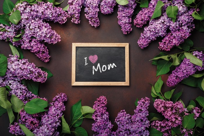 Lilac flowers frame a chalkboard with "I Love Mom"