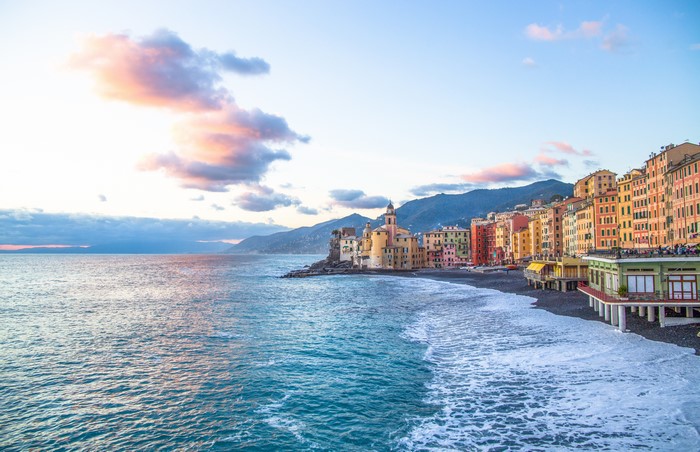 Camogli, Italy Coastline with Colorful Houses and Sea