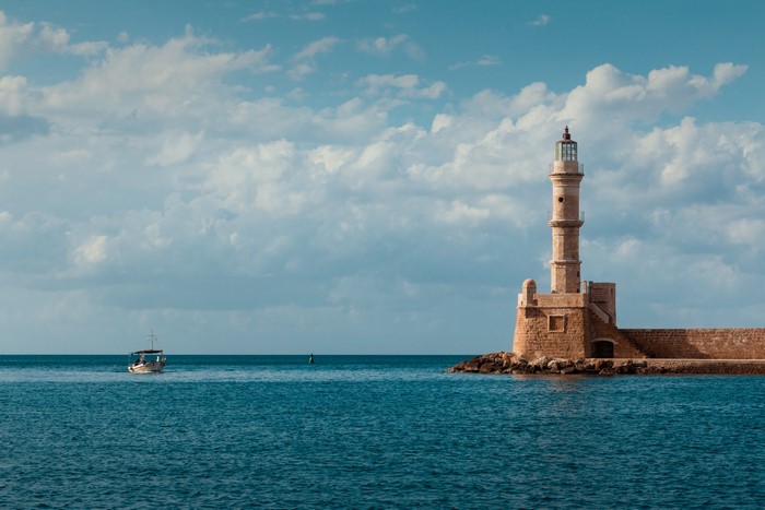 Egyptian Lighthouse on Crete, Greece, with Boat