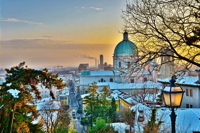 Brescia, Italy in Winter with Snow and Cathedral