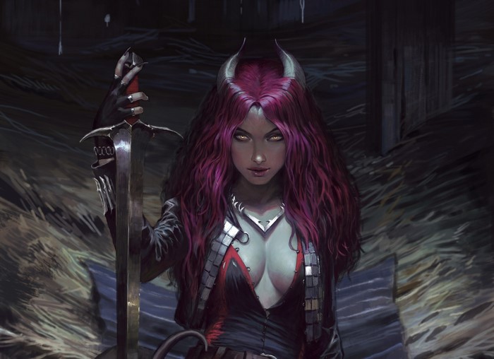 Woman with horns holding a sword