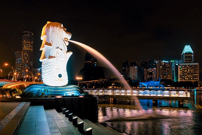 Merlion Fountain and Singapore Skyline at Night